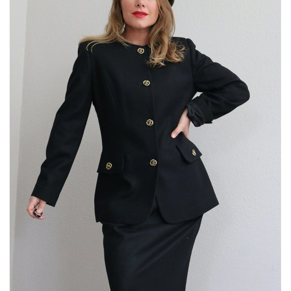 1990's Oleg Cassini Black Wool Suit Set // Women's Size Small // Structured - Picture 1 of 8